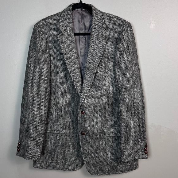 Irish Tweed Blazer Sportcoat Mens 42 L Wool Grey Herringbone Vintage Preppy